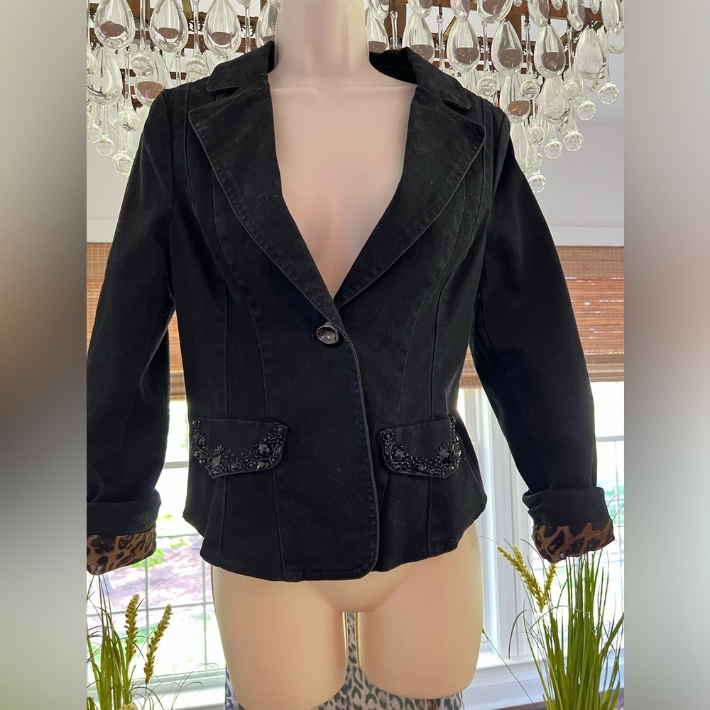 Boutique Black Denim and leopard lined jacket.